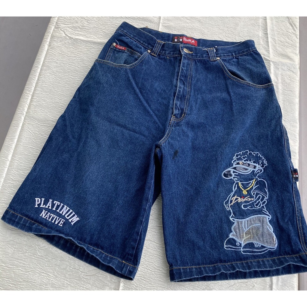 Deka Platinum Native Mens Baggy Denim Carpenter Shorts Blue Embroidered Size 36
